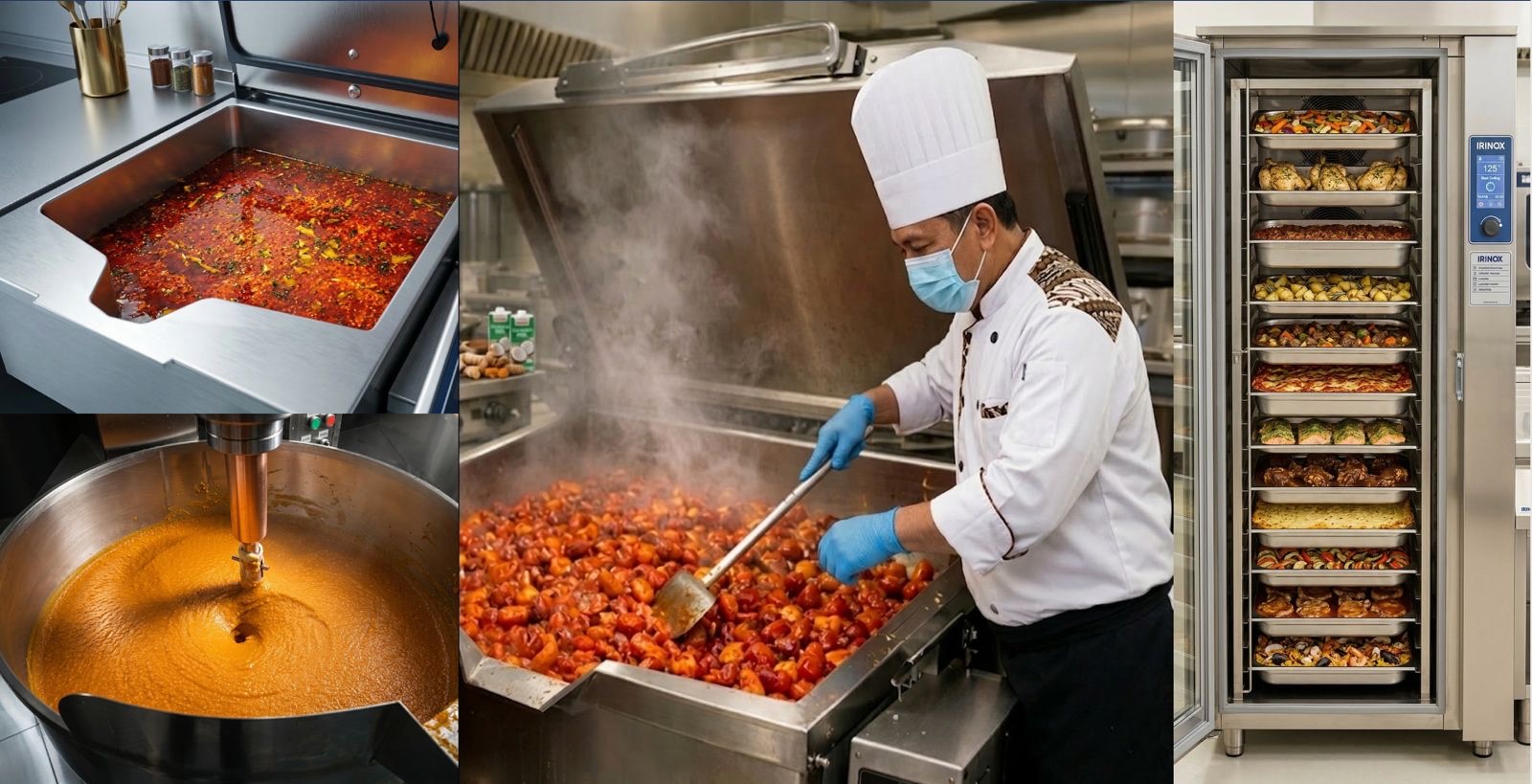 Large-scale sauce cooking, chef stir-frying, and plated meal trays