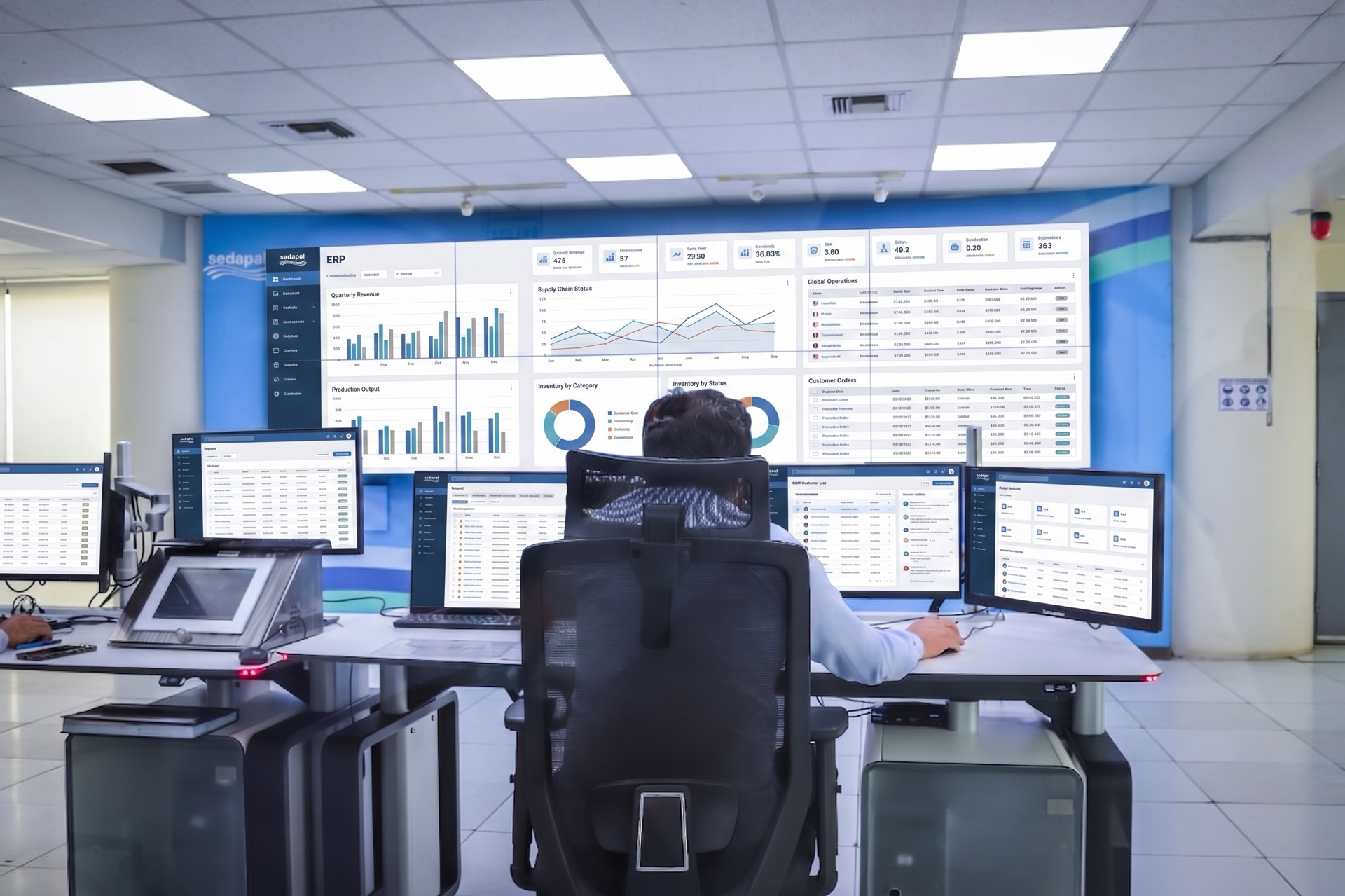 Operator monitoring a wall of live ERP and operations dashboards in the ADTechnologies command centre