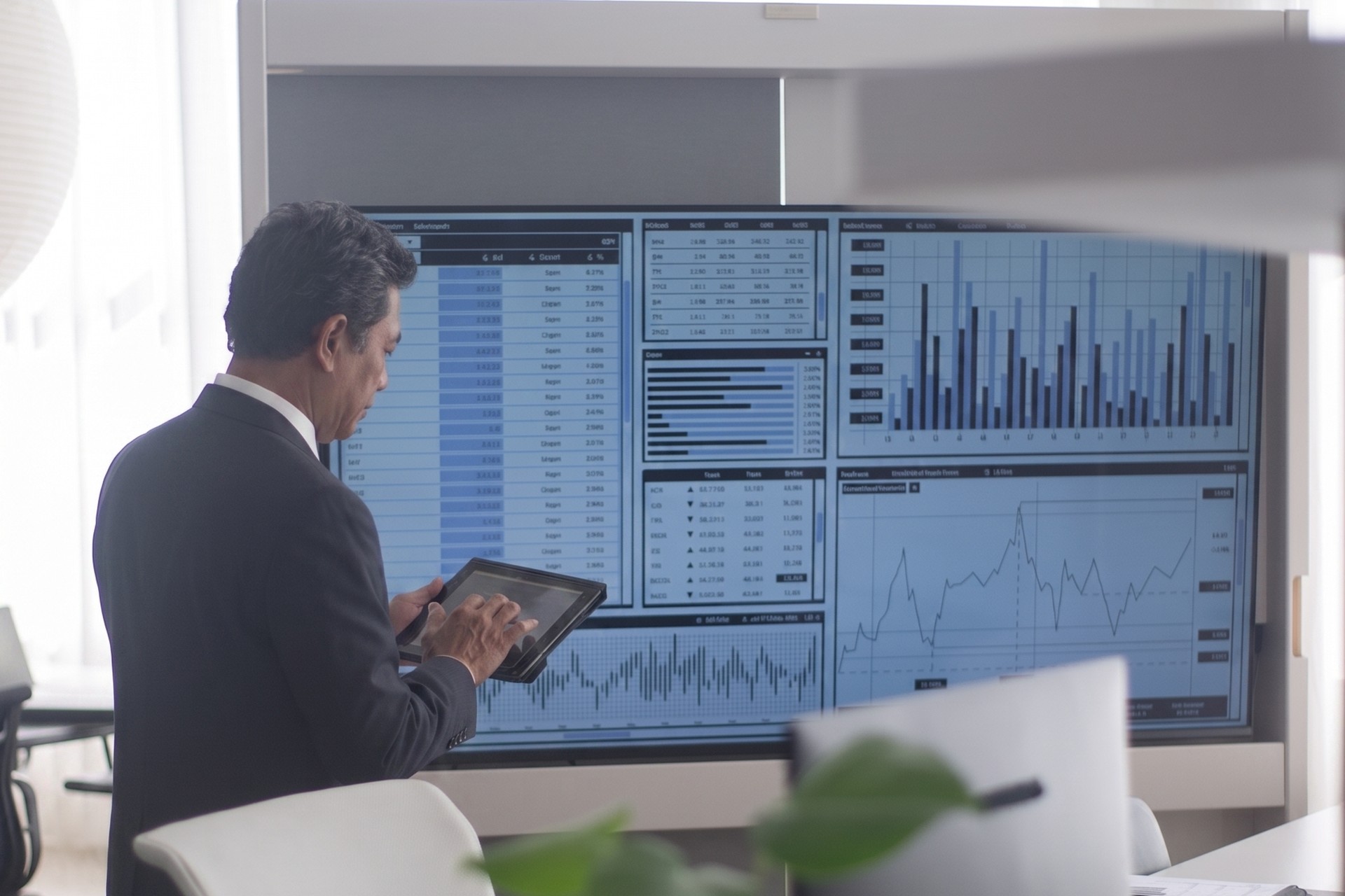 Executive reviewing live business-intelligence dashboards on an ADTechnologies data wall